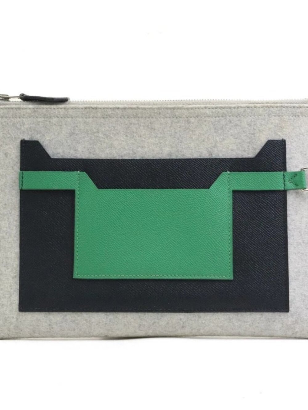 HERMES Toodoo Clutch Bag Gray/Black/Green Felt/Leather/Silvertone -